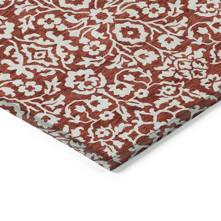 3' X 5' Red And Ivory Damask Washable Indoor Outdoor Area Rug