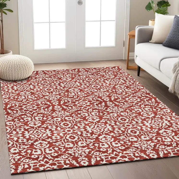 3' X 5' Red And Ivory Damask Washable Indoor Outdoor Area Rug