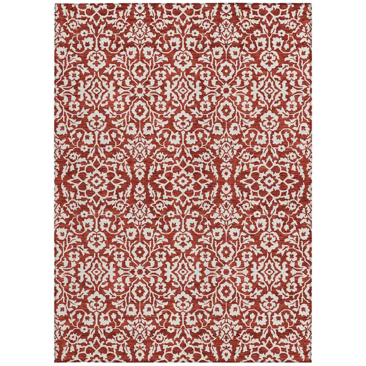5' X 8' Red And Ivory Damask Washable Indoor Outdoor Area Rug