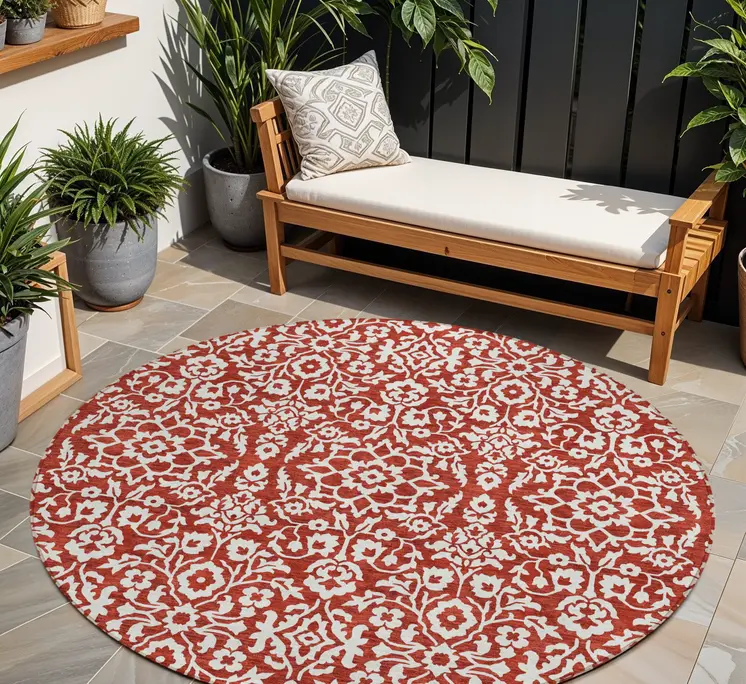 8' Red And Ivory Round Damask Washable Indoor Outdoor Area Rug