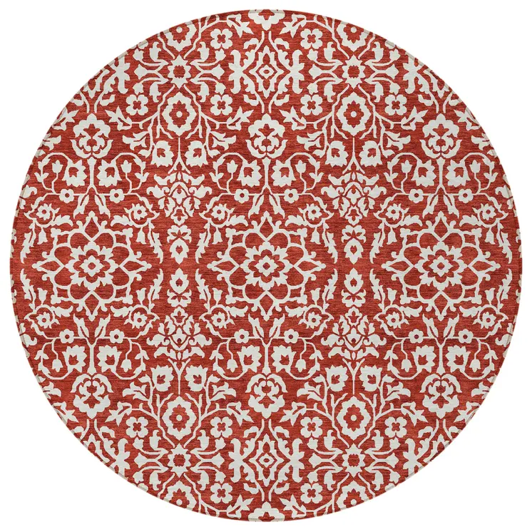 8' Red And Ivory Round Damask Washable Indoor Outdoor Area Rug