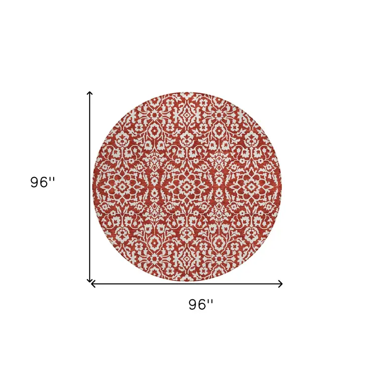 8' Red And Ivory Round Damask Washable Indoor Outdoor Area Rug
