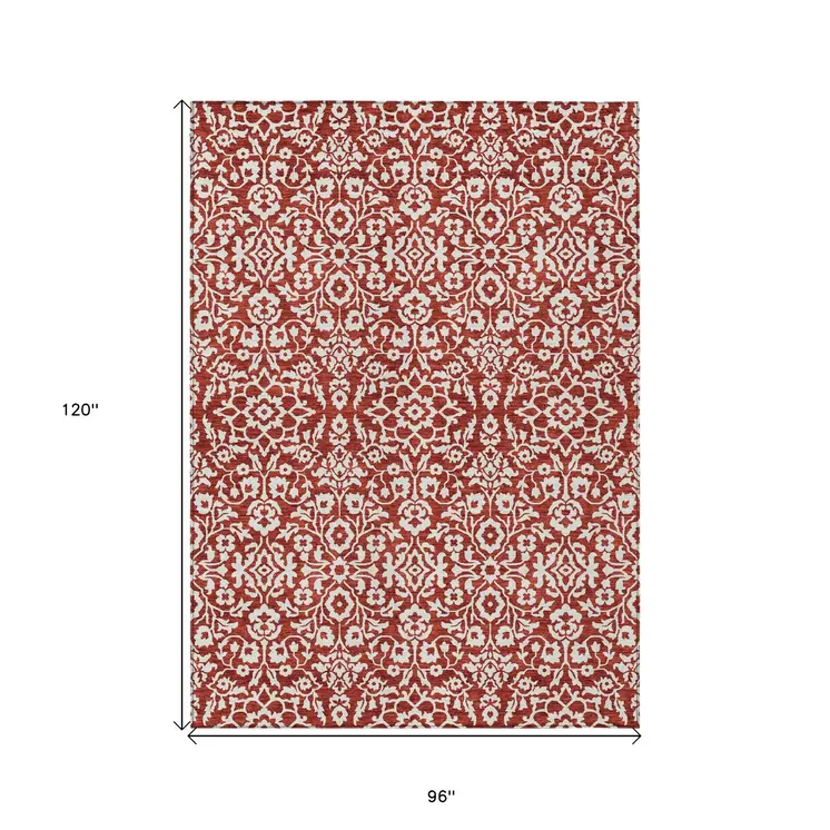 8' X 10' Red And Ivory Damask Washable Indoor Outdoor Area Rug
