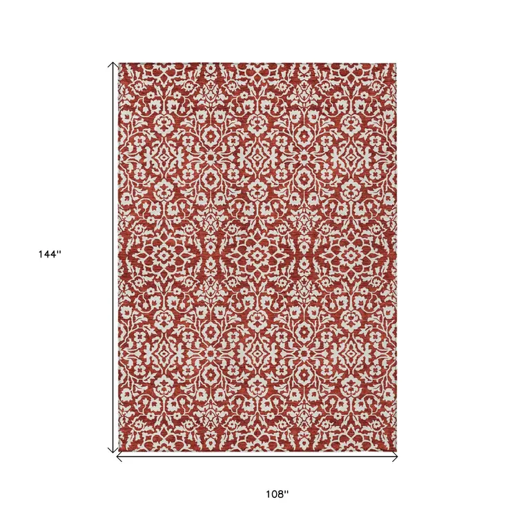 9' X 12' Red And Ivory Damask Washable Indoor Outdoor Area Rug