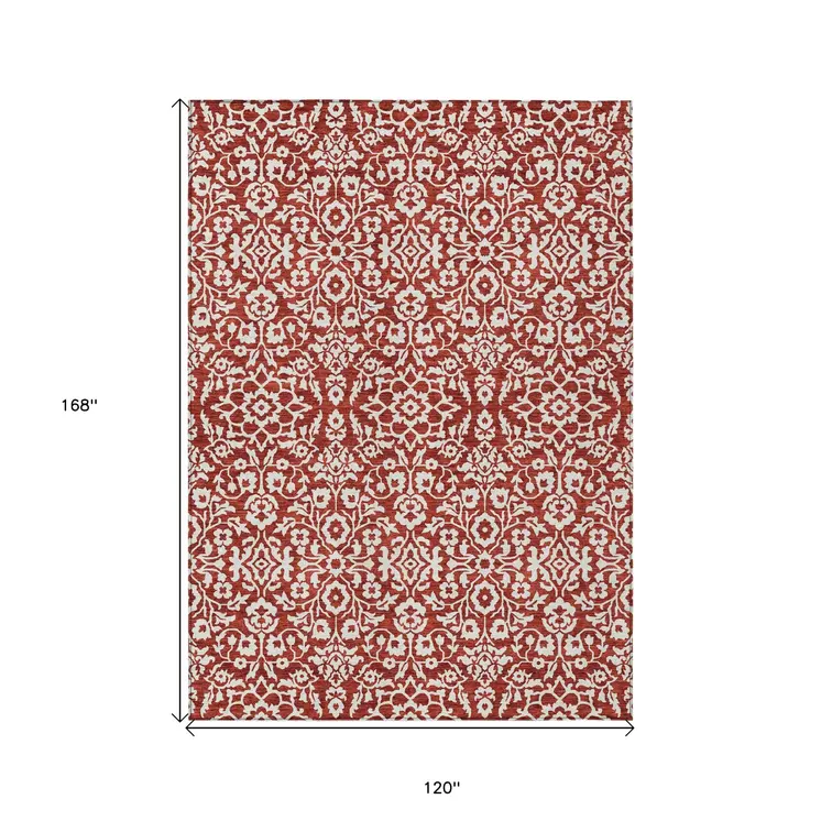 10' X 14' Red And Ivory Damask Washable Indoor Outdoor Area Rug