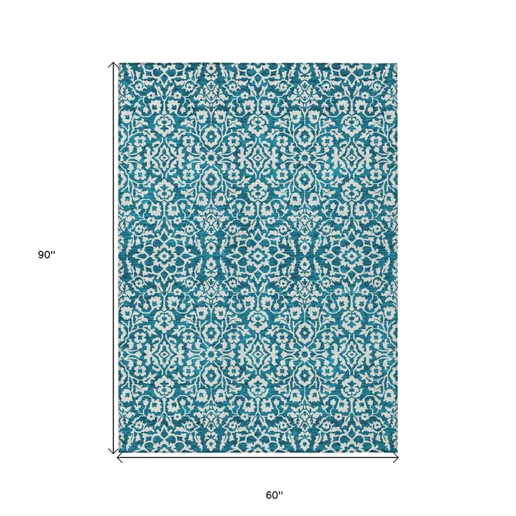 5' X 8' Teal Blue And Ivory Damask Washable Indoor Outdoor Area Rug