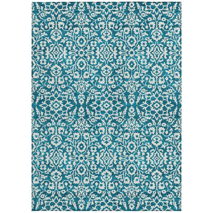 5' X 8' Teal Blue And Ivory Damask Washable Indoor Outdoor Area Rug