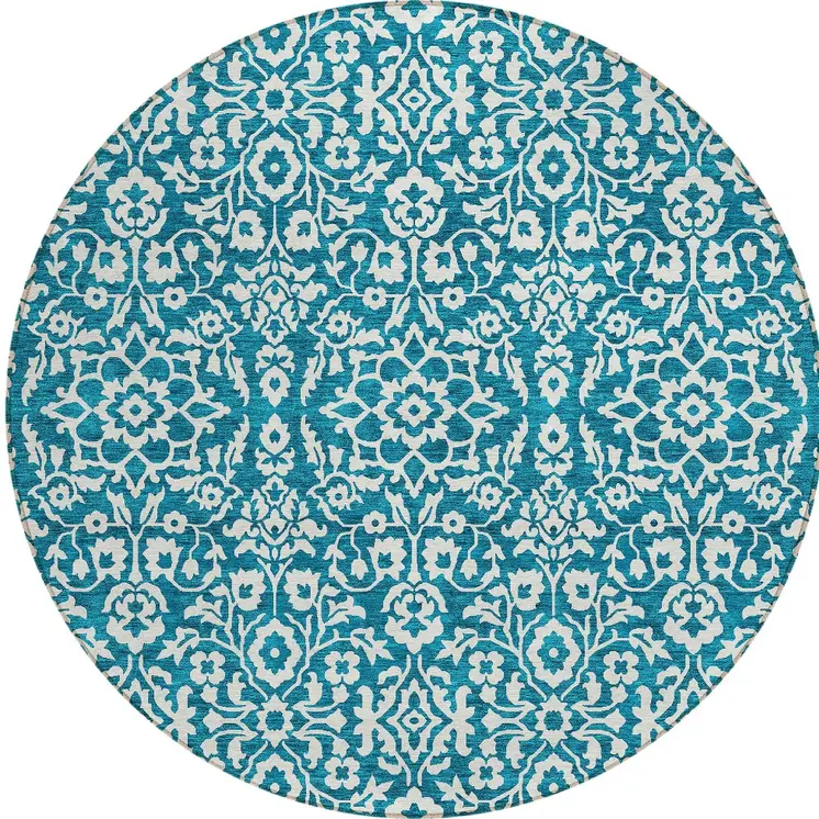 8' Teal Blue And Ivory Round Damask Washable Indoor Outdoor Area Rug