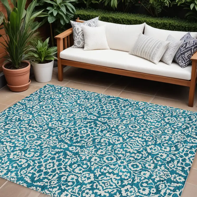 8' X 10' Teal Blue And Ivory Damask Washable Indoor Outdoor Area Rug