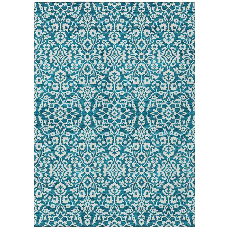 8' X 10' Teal Blue And Ivory Damask Washable Indoor Outdoor Area Rug