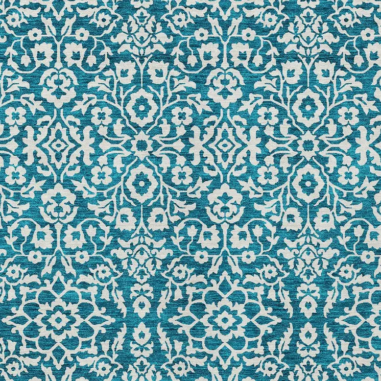 8' X 10' Teal Blue And Ivory Damask Washable Indoor Outdoor Area Rug