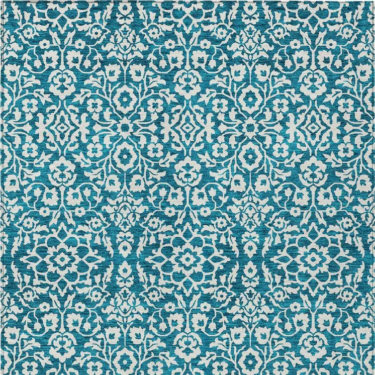 8' X 10' Teal Blue And Ivory Damask Washable Indoor Outdoor Area Rug