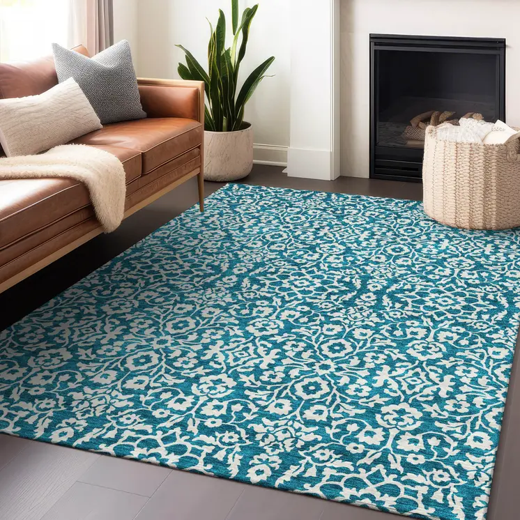 8' X 10' Teal Blue And Ivory Damask Washable Indoor Outdoor Area Rug