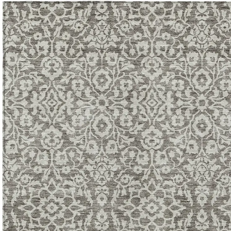 5' X 8' Taupe And Gray Damask Washable Indoor Outdoor Area Rug