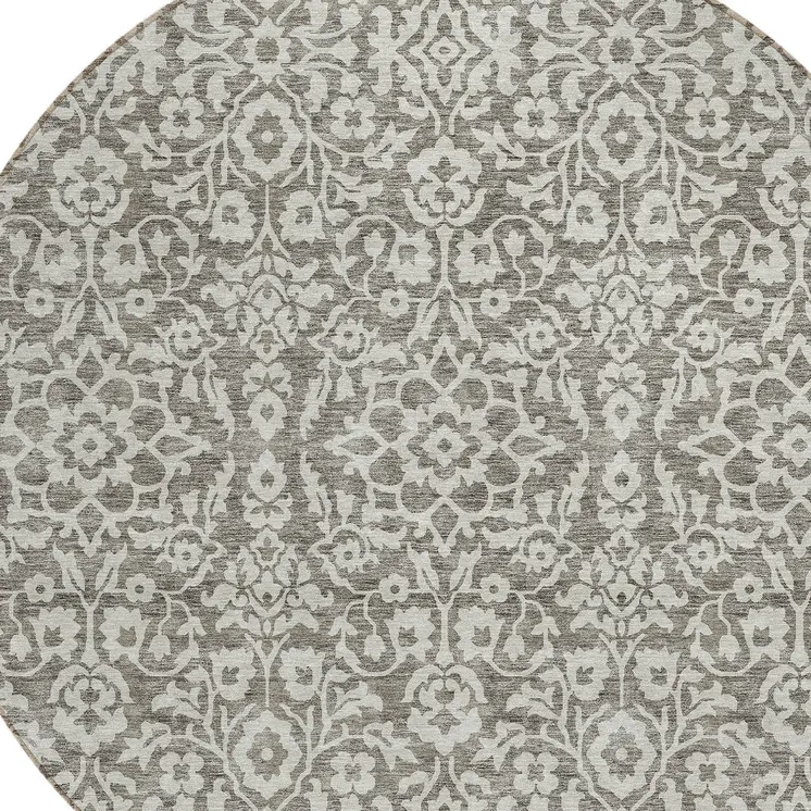 8' Taupe And Gray Round Damask Washable Indoor Outdoor Area Rug