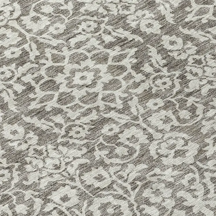8' Taupe And Gray Round Damask Washable Indoor Outdoor Area Rug