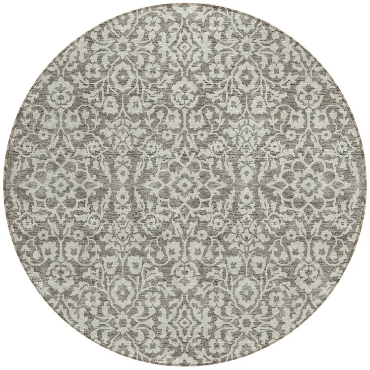 8' Taupe And Gray Round Damask Washable Indoor Outdoor Area Rug