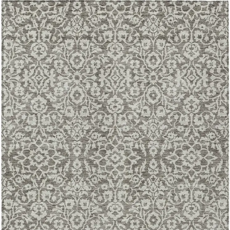 9' X 12' Taupe And Gray Damask Washable Indoor Outdoor Area Rug
