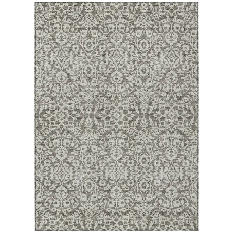 9' X 12' Taupe And Gray Damask Washable Indoor Outdoor Area Rug