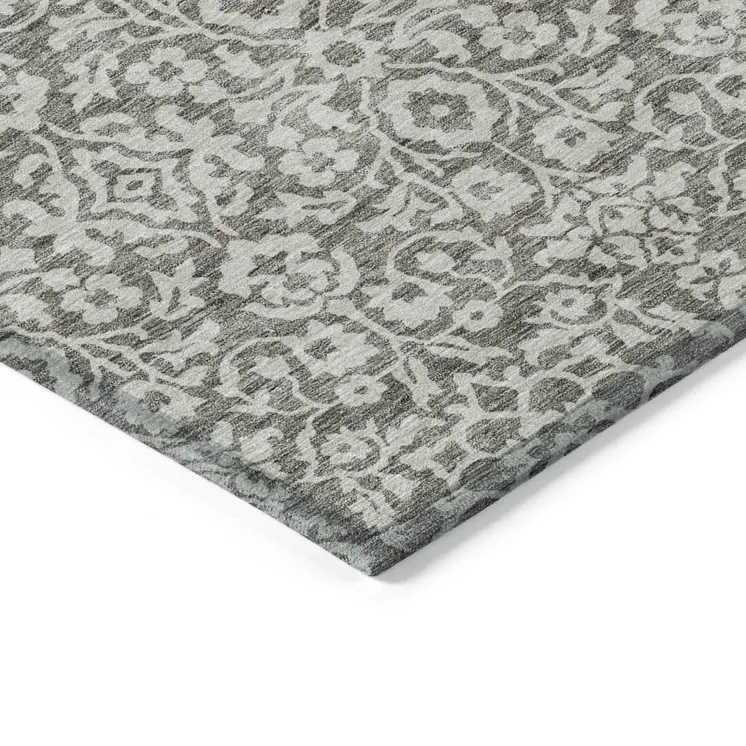 9' X 12' Taupe And Gray Damask Washable Indoor Outdoor Area Rug