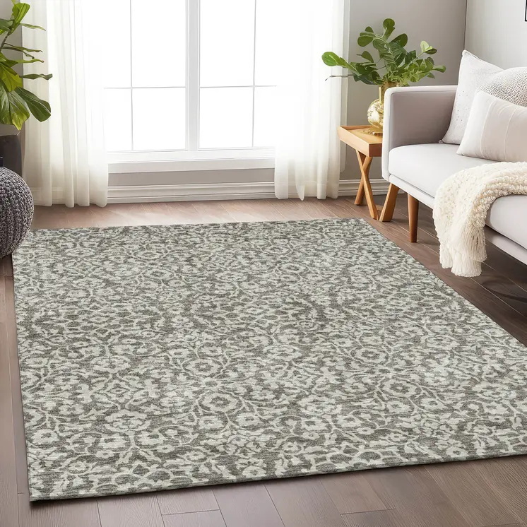 9' X 12' Taupe And Gray Damask Washable Indoor Outdoor Area Rug