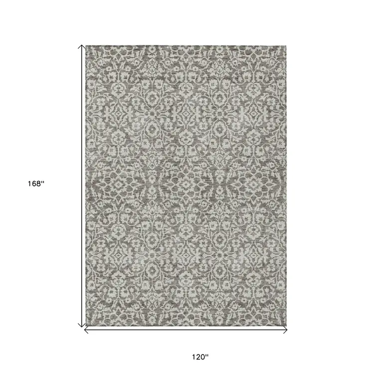 10' X 14' Taupe And Gray Damask Washable Indoor Outdoor Area Rug