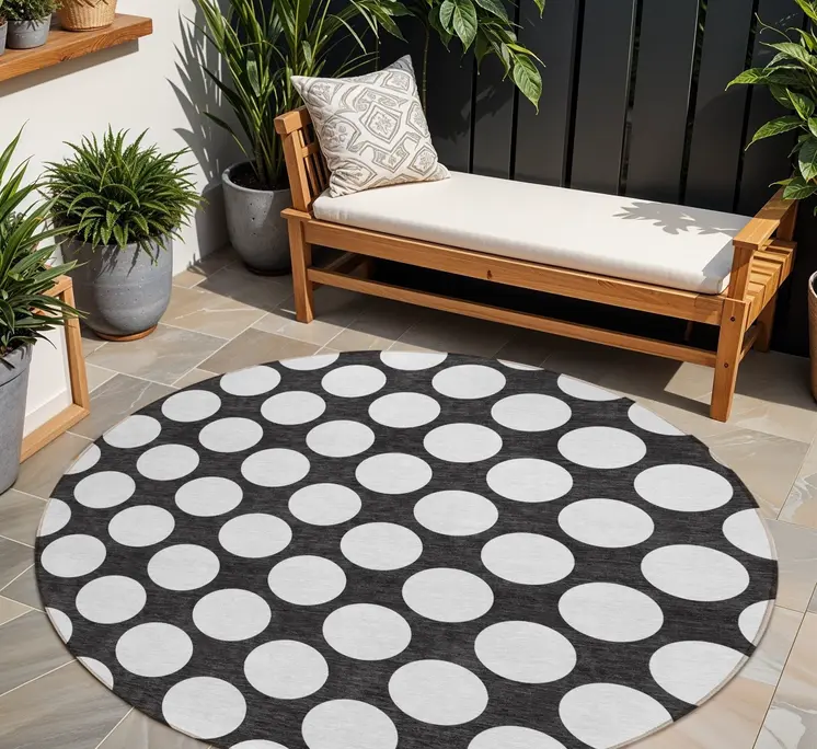 8' Black And Ivory Round Polka Dot Washable Indoor Outdoor Area Rug