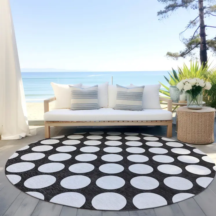 8' Black And Ivory Round Polka Dot Washable Indoor Outdoor Area Rug