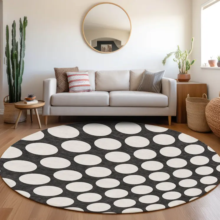 8' Black And Ivory Round Polka Dot Washable Indoor Outdoor Area Rug