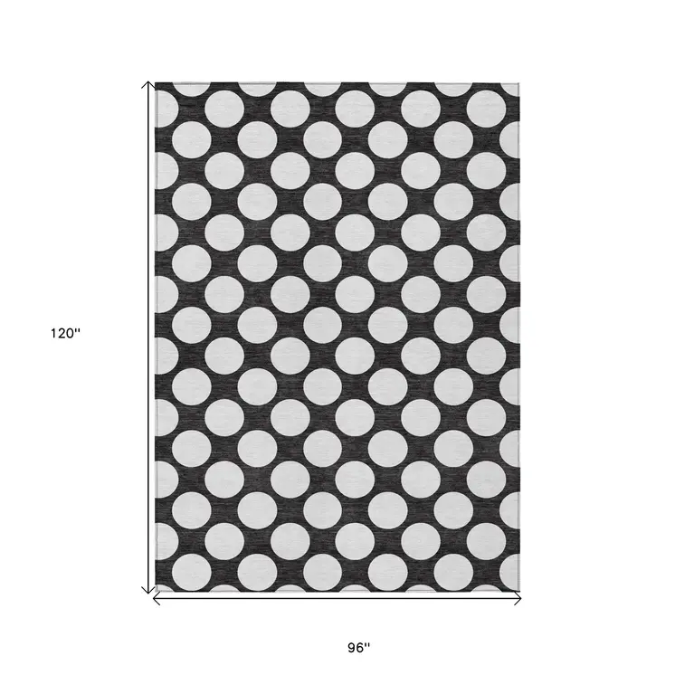 8' X 10' Black And Ivory Polka Dot Washable Indoor Outdoor Area Rug
