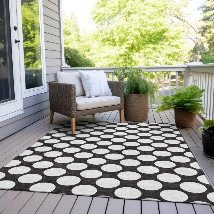 10' X 14' Black And Ivory Polka Dot Washable Indoor Outdoor Area Rug
