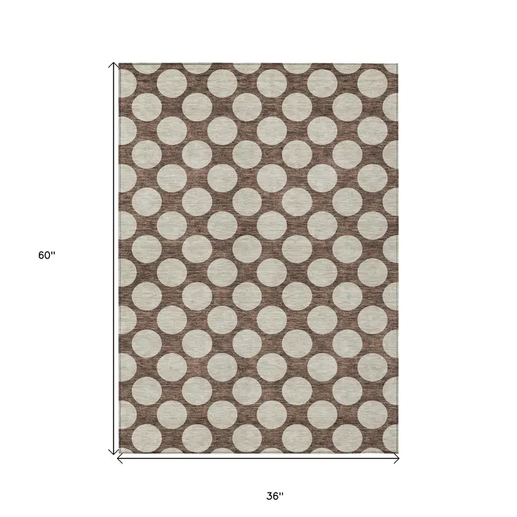 3' X 5' Brown And Beige Polka Dot Washable Indoor Outdoor Area Rug