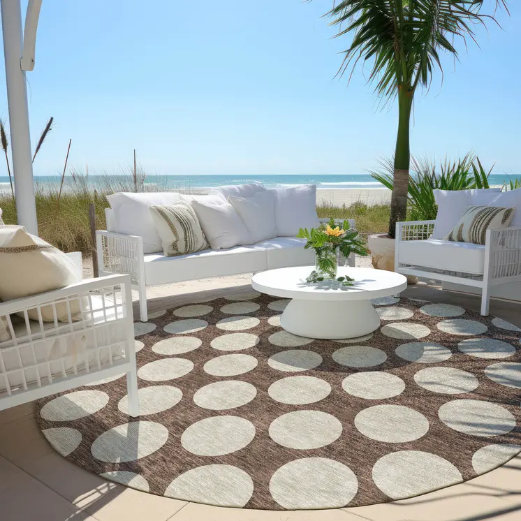 8' Brown And Beige Round Polka Dot Washable Indoor Outdoor Area Rug