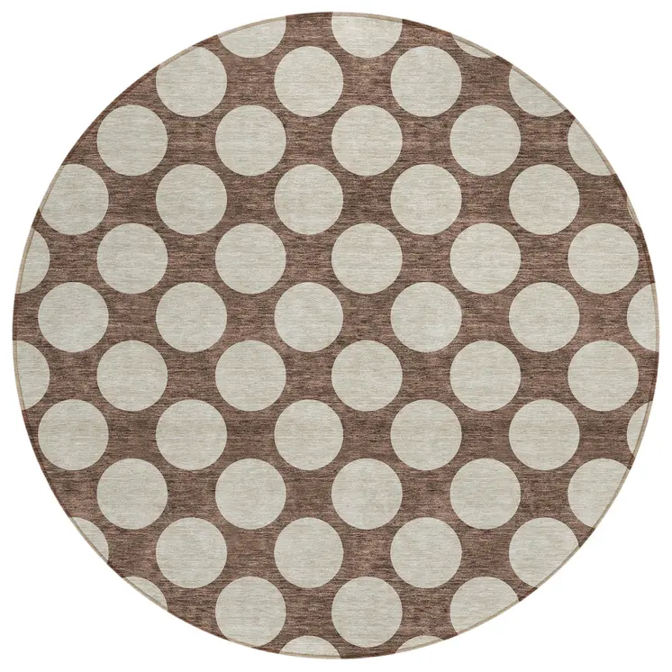 8' Brown And Beige Round Polka Dot Washable Indoor Outdoor Area Rug