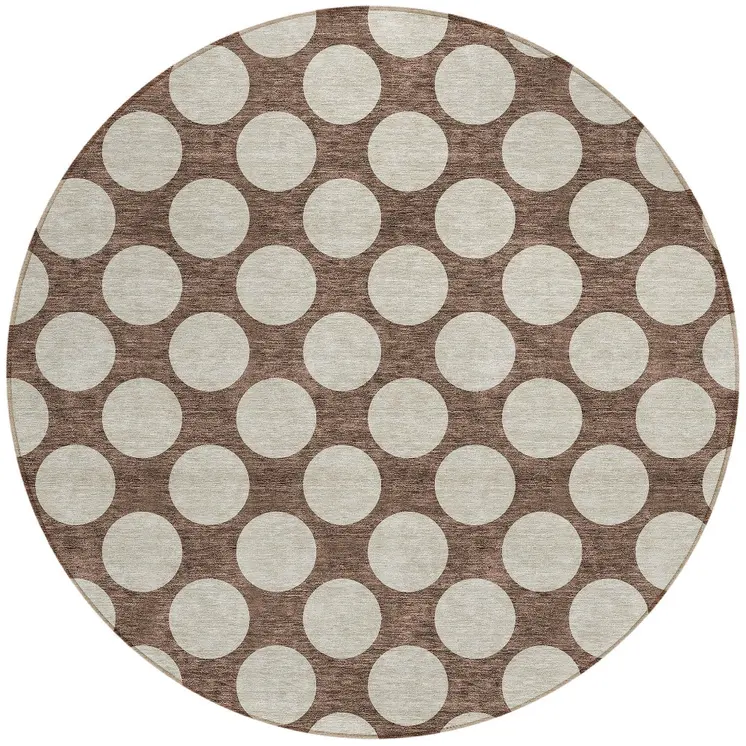 8' Brown And Beige Round Polka Dot Washable Indoor Outdoor Area Rug