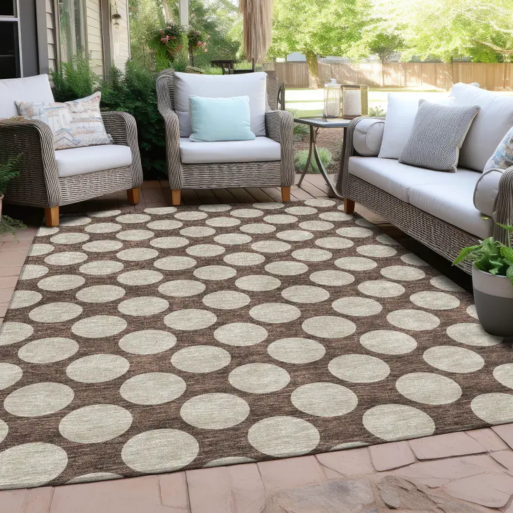 8' X 10' Brown And Beige Polka Dot Washable Indoor Outdoor Area Rug