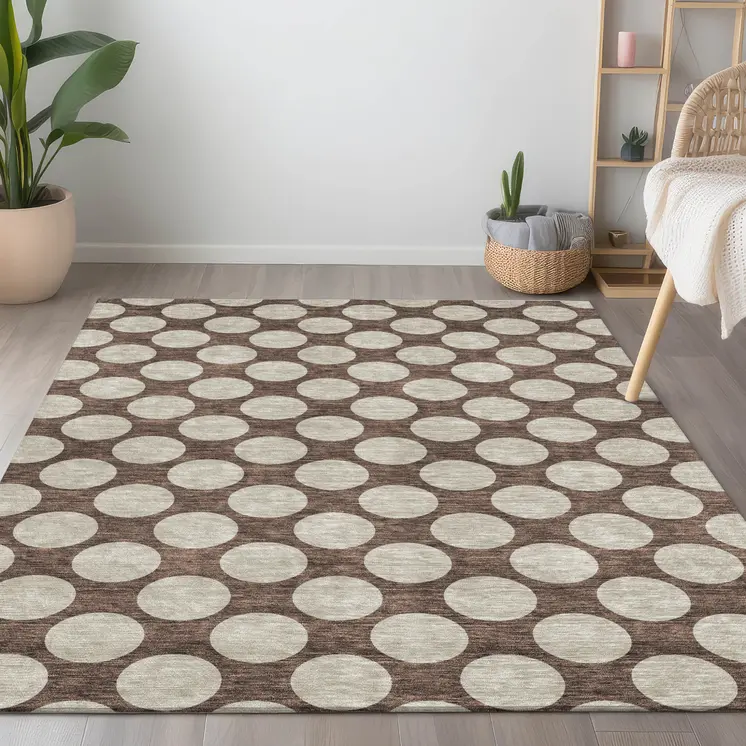 8' X 10' Brown And Beige Polka Dot Washable Indoor Outdoor Area Rug