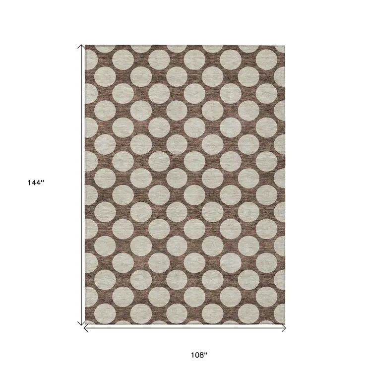 9' X 12' Brown And Beige Polka Dot Washable Indoor Outdoor Area Rug