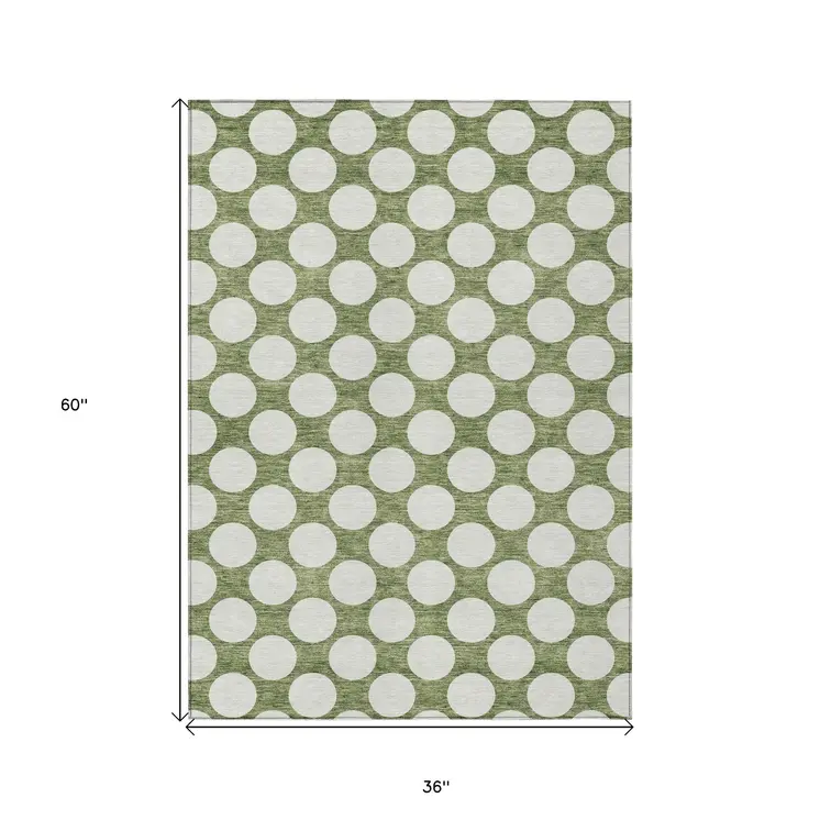 3' X 5' Green And Ivory Polka Dot Washable Indoor Outdoor Area Rug