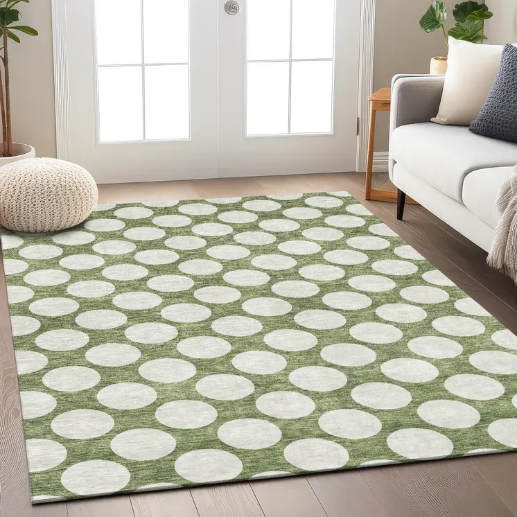 3' X 5' Green And Ivory Polka Dot Washable Indoor Outdoor Area Rug