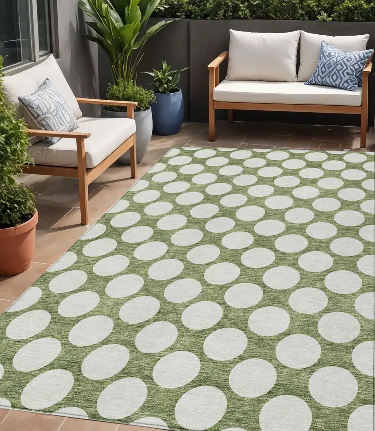 5' X 8' Green And Ivory Polka Dot Washable Indoor Outdoor Area Rug
