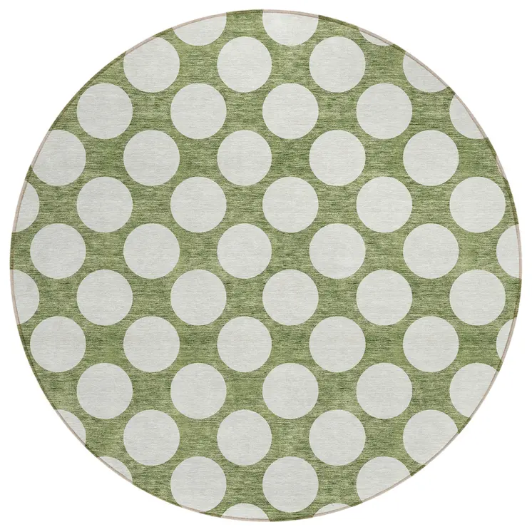 8' Green And Ivory Round Polka Dot Washable Indoor Outdoor Area Rug