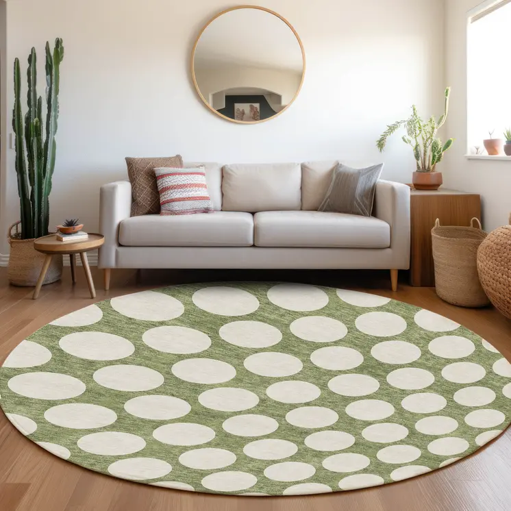 8' Green And Ivory Round Polka Dot Washable Indoor Outdoor Area Rug