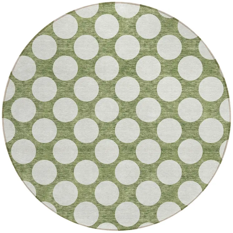 8' Green And Ivory Round Polka Dot Washable Indoor Outdoor Area Rug