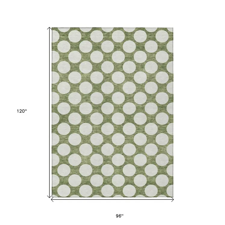 8' X 10' Green And Ivory Polka Dot Washable Indoor Outdoor Area Rug
