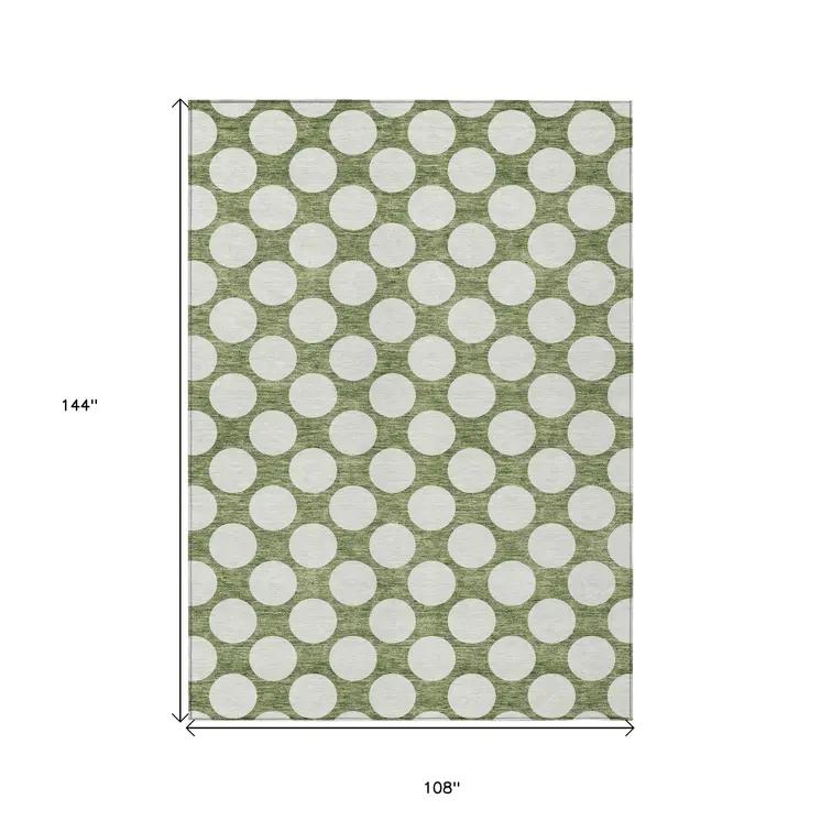 9' X 12' Green And Ivory Polka Dot Washable Indoor Outdoor Area Rug
