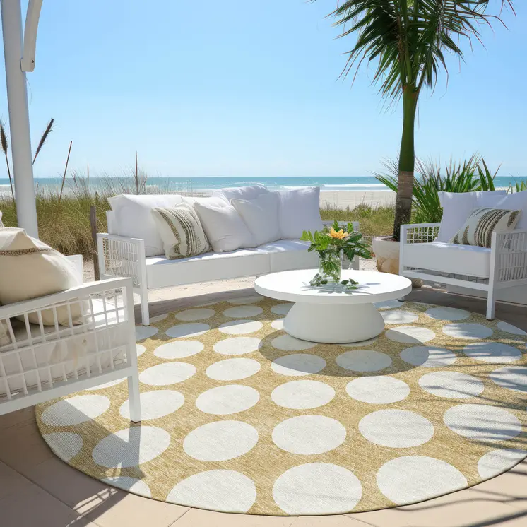 8' Gold And Beige Round Polka Dot Washable Indoor Outdoor Area Rug