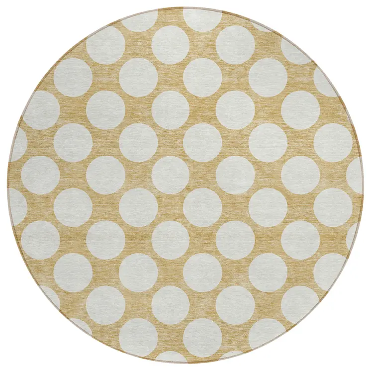 8' Gold And Beige Round Polka Dot Washable Indoor Outdoor Area Rug