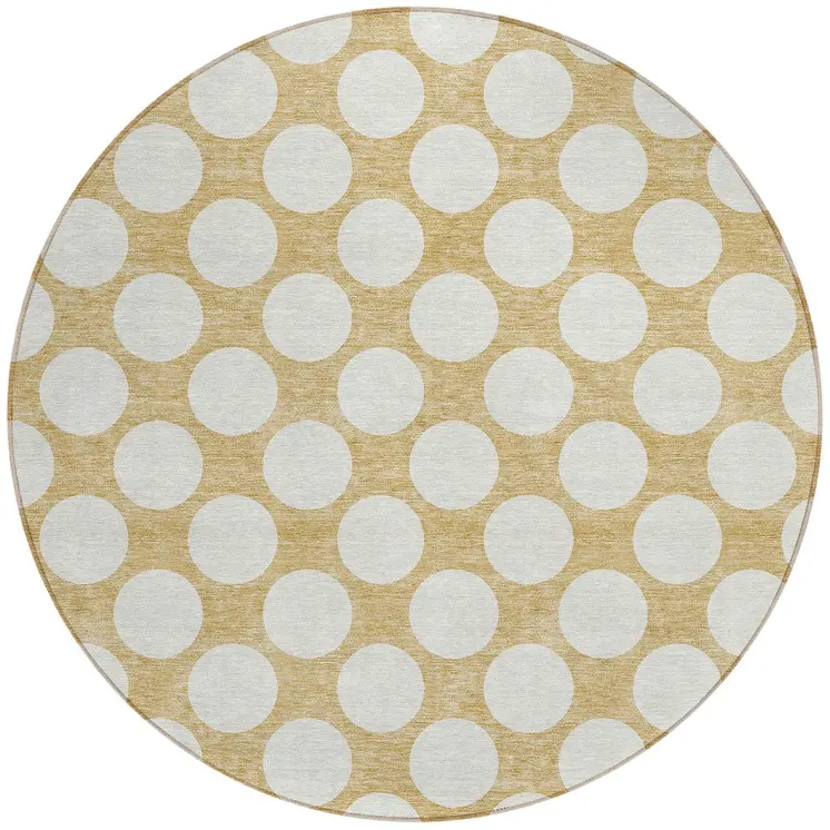 8' Gold And Beige Round Polka Dot Washable Indoor Outdoor Area Rug