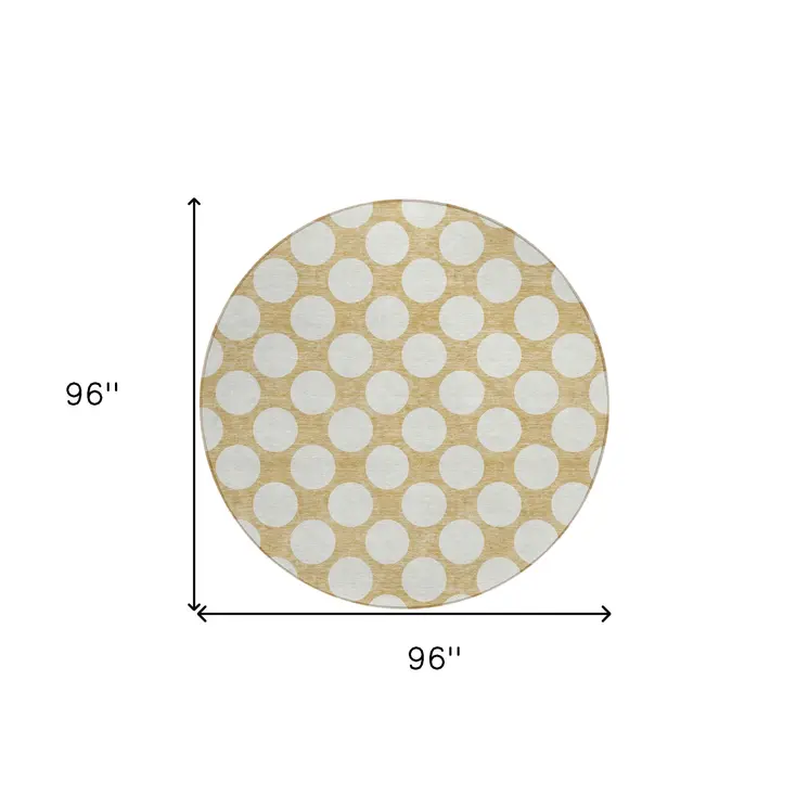 8' Gold And Beige Round Polka Dot Washable Indoor Outdoor Area Rug
